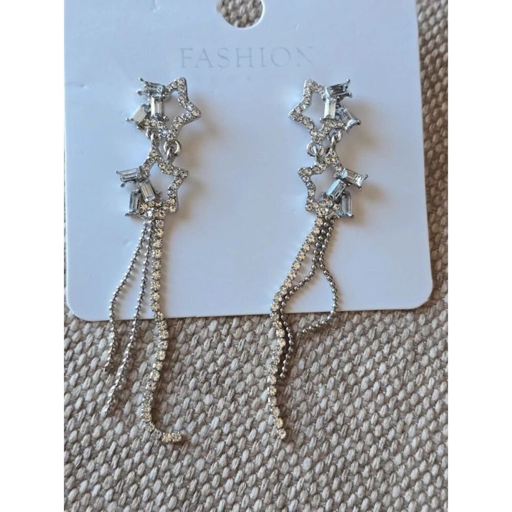 Silver Tone Star Dangle Drop Earrings French Hook Pierced Celestial